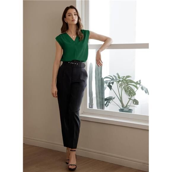 Womens Pleated Tank Tops V Neck Green - Picture 5 of 5